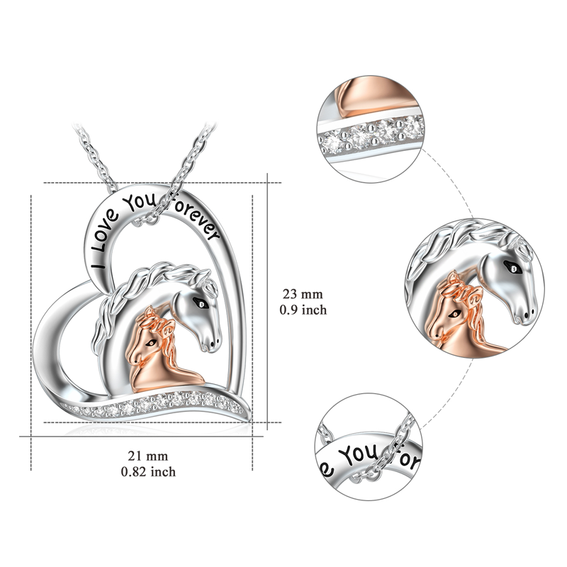 Sterling Silver Two-tone Round Cubic Zirconia Horse & Heart Pendant Necklace with Engraved Word-6