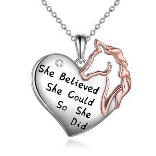 Sterling Silver Two-tone Round Horse Pendant Necklace with Engraved Word-40