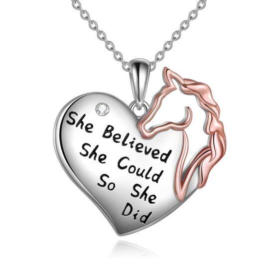 Sterling Silver Two-tone Round Horse Pendant Necklace with Engraved Word