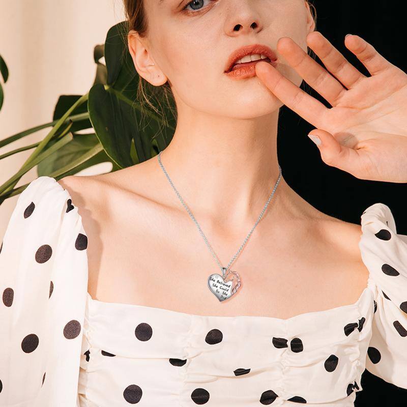 Sterling Silver Two-tone Round Horse Pendant Necklace with Engraved Word-2