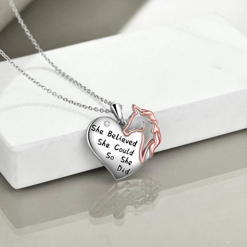 Sterling Silver Two-tone Round Horse Pendant Necklace with Engraved Word-3