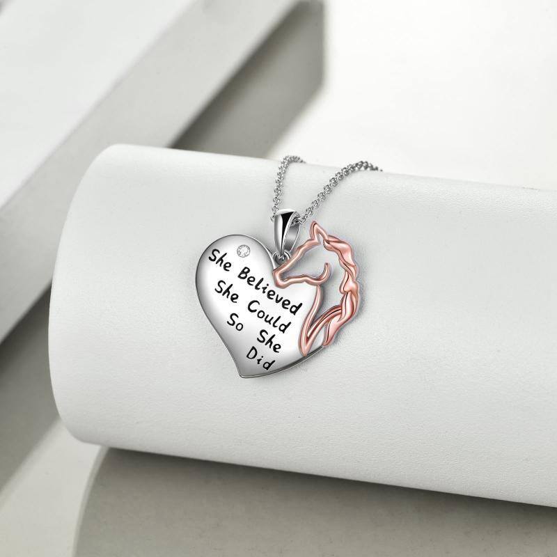 Sterling Silver Two-tone Round Horse Pendant Necklace with Engraved Word-4