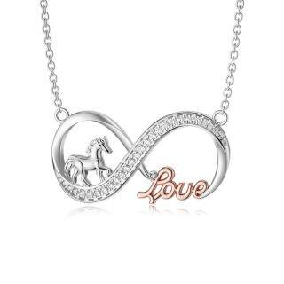 Sterling Silver Two-tone Round Cubic Zirconia Horse Pendant Necklace-49