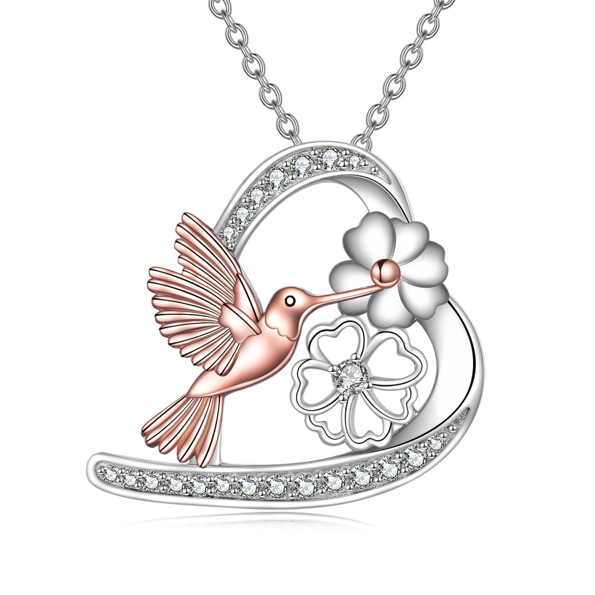 Sterling Silver Two-tone Round Cubic Zirconia Hummingbird & Heart Pendant Necklace-1