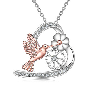 Sterling Silver Two-tone Round Cubic Zirconia Hummingbird & Heart Pendant Necklace-24