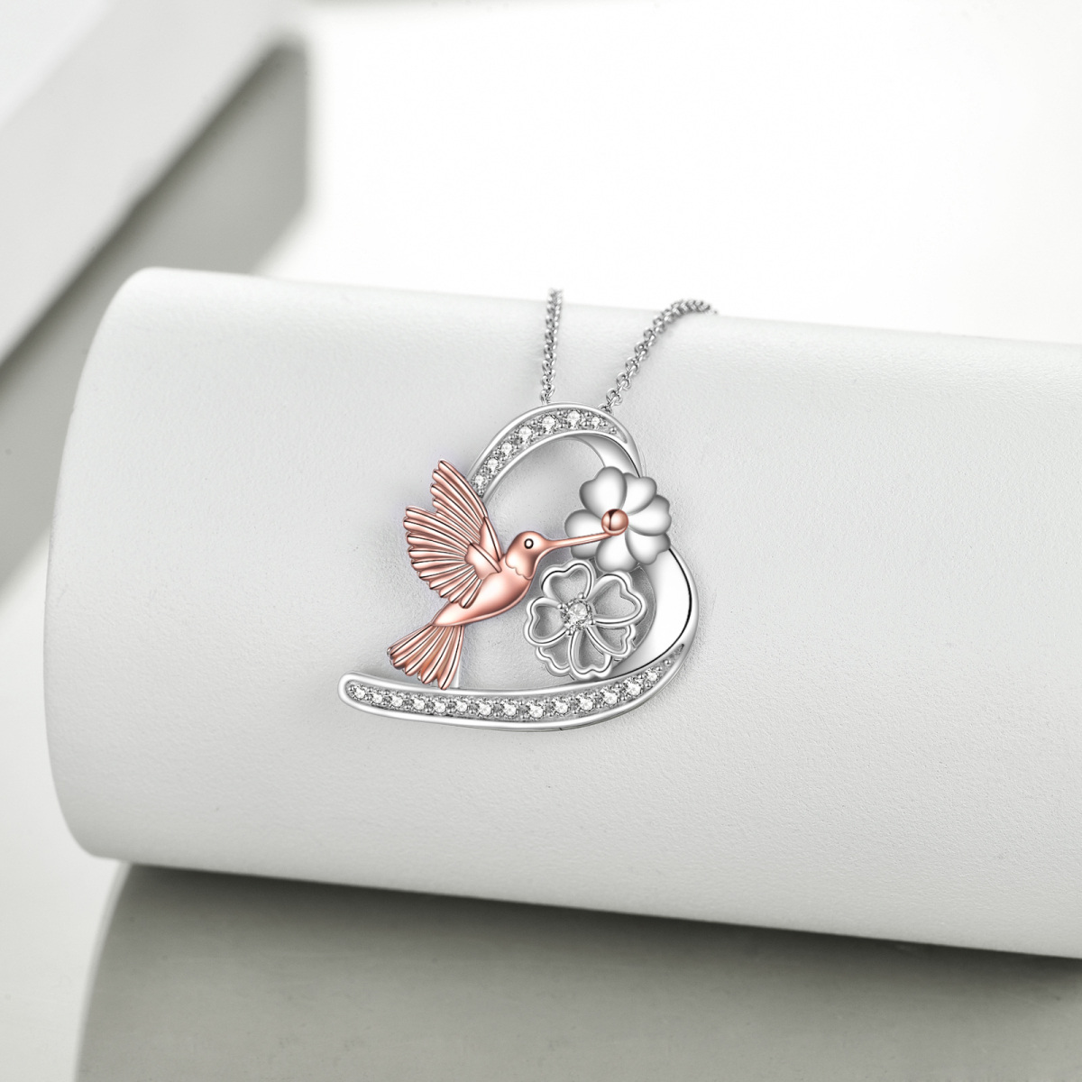 Collier en argent sterling avec pendentif colibri et coeur en zircon cubique rond bicolore-3