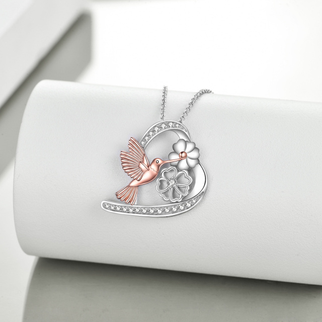 Sterling Silver Two-tone Round Cubic Zirconia Hummingbird & Heart Pendant Necklace-3