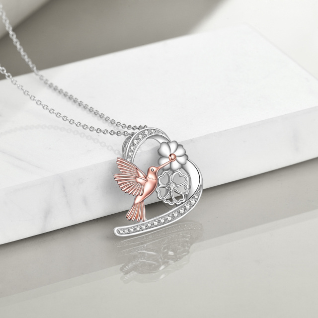 Sterling Silver Two-tone Round Cubic Zirconia Hummingbird & Heart Pendant Necklace-4