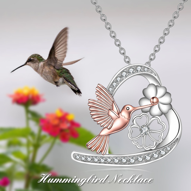 Sterling Silver Two-tone Round Cubic Zirconia Hummingbird & Heart Pendant Necklace-5