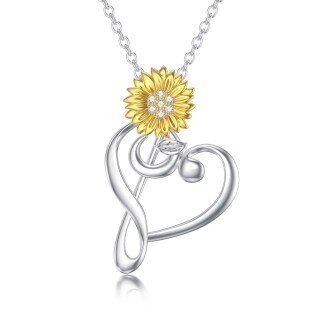 Sterling Silver Round Lab Grown Diamond Sunflower & Heart Necklace-10