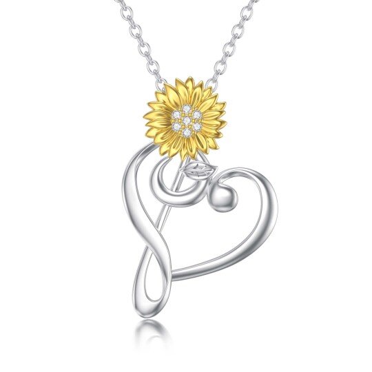 Sterling Silver Two-tone Round Lab Created Diamond Sunflower & Heart & Music Symbol Pendant Necklace