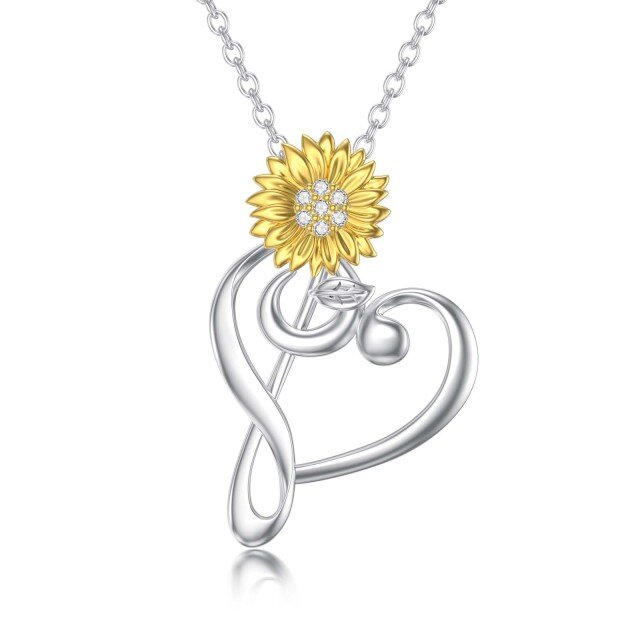 Sterling Silver Two-tone Round Lab Created Diamond Sunflower & Heart & Music Symbol Pendant Necklace-1