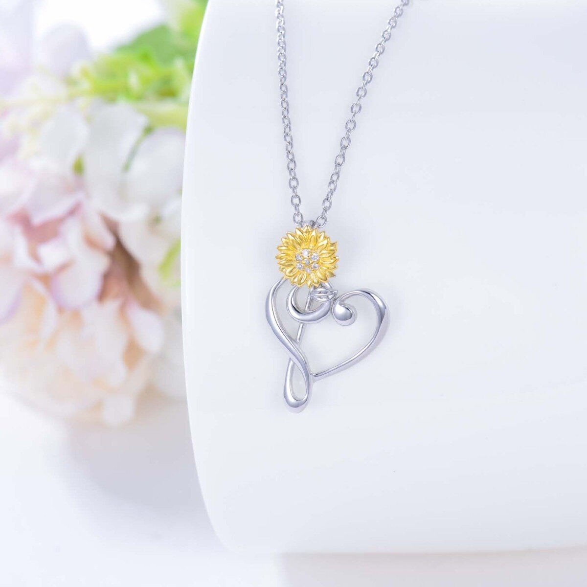 Collier rond en argent sterling avec tournesol et cœur cultivés en laboratoire-3