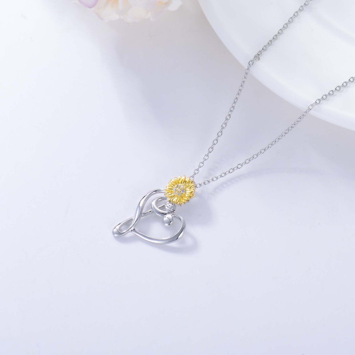 Sterling Silver Round Lab Grown Diamond Sunflower & Heart Necklace-4