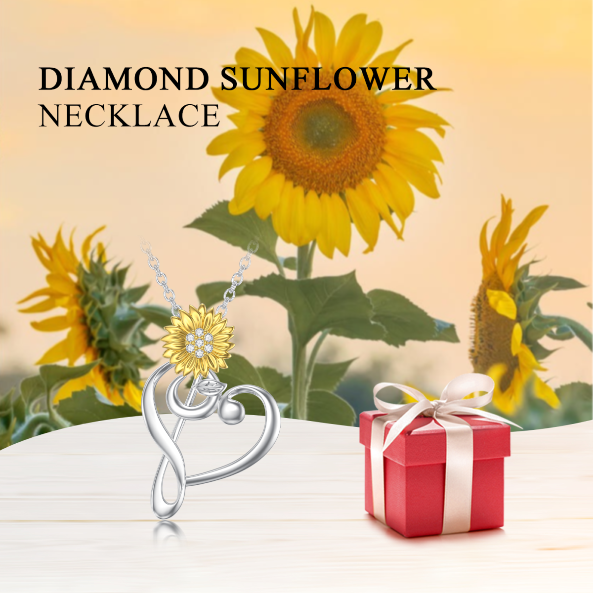 Sterling Silver Round Lab Grown Diamond Sunflower & Heart Necklace-6