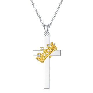 Sterling Silver Two-tone Round Laboratory Diamonds Cross Pendant Necklace-58