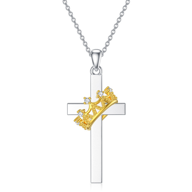 Sterling Silver Two-tone Round Laboratory Diamonds Cross Pendant Necklace