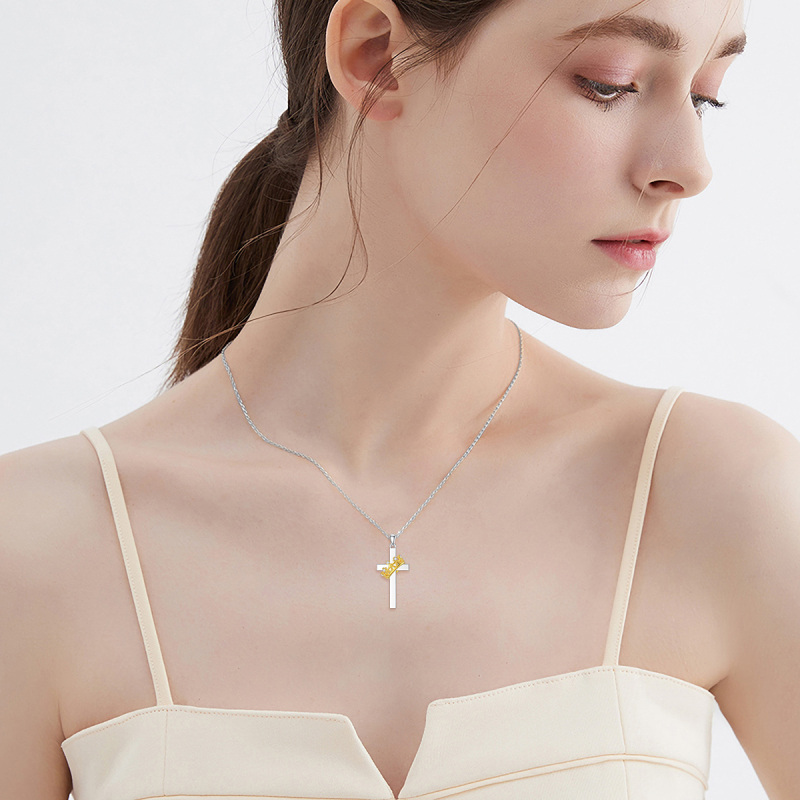 Sterling Silver Two-tone Round Laboratory Diamonds Cross Pendant Necklace-2