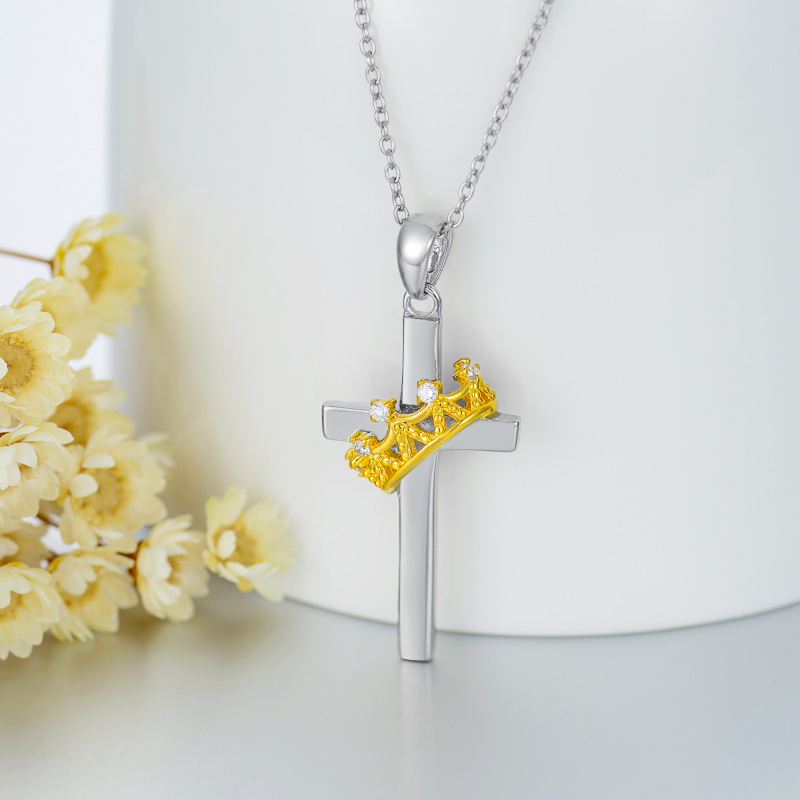 Sterling Silver Two-tone Round Laboratory Diamonds Cross Pendant Necklace-3