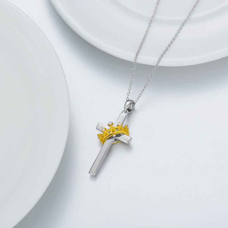 Sterling Silver Two-tone Round Laboratory Diamonds Cross Pendant Necklace-4