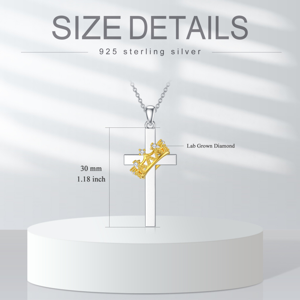 Sterling Silver Two-tone Round Laboratory Diamonds Cross Pendant Necklace-5