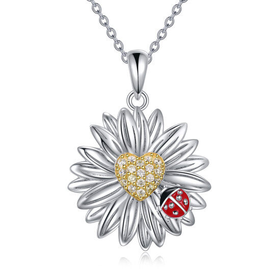 Sterling Silver Two-tone Round Cubic Zirconia Ladybug & Daisy Pendant Necklace