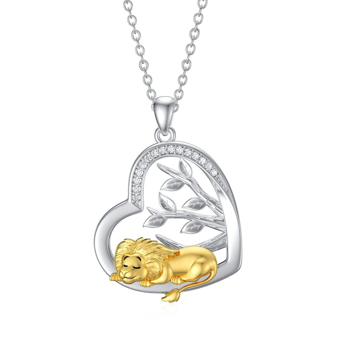 Collier avec pendentif cœur de lion rond en argent sterling et oxyde de zirconium bicolore-1