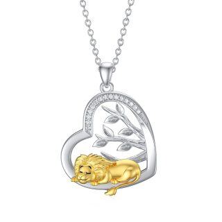 Sterling Silver Two-tone Round Cubic Zirconia Lion & Heart Pendant Necklace-47