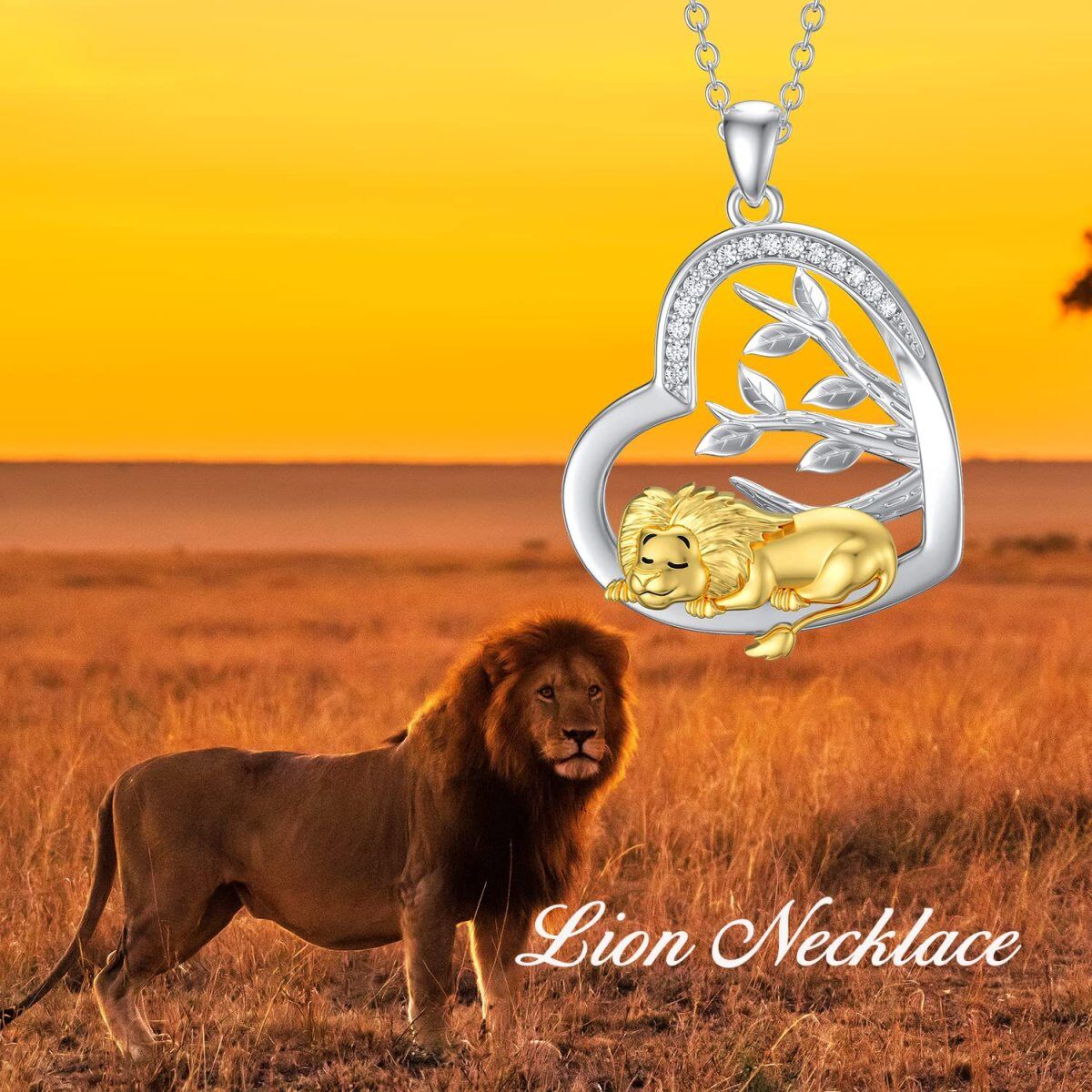 Collier avec pendentif cœur de lion rond en argent sterling et oxyde de zirconium bicolore-3