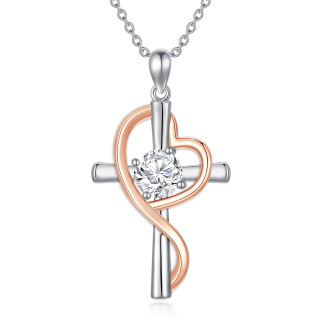 Sterling Silver Two-tone Round Moissanite Cross & Heart Pendant Necklace-4