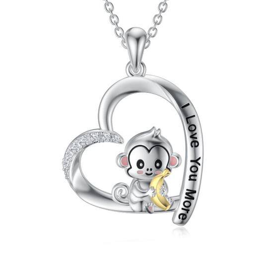 Collana bicolore in argento sterling con ciondolo a cuore e scimmia con zirconia cubica rotonda e parola incisa