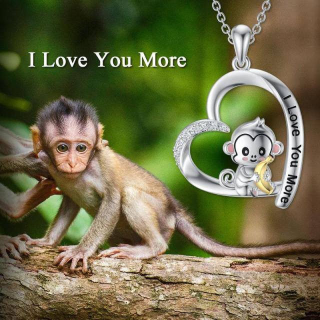 Sterling Silver Two-tone Round Cubic Zirconia Monkey & Heart Pendant Necklace with Engraved Word-3