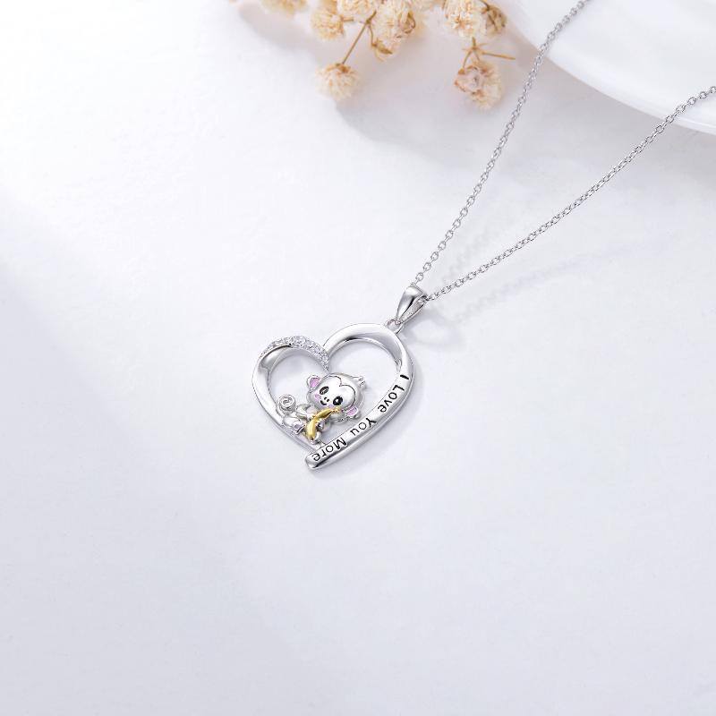 Sterling Silver Two-tone Round Cubic Zirconia Monkey & Heart Pendant Necklace with Engraved Word-5