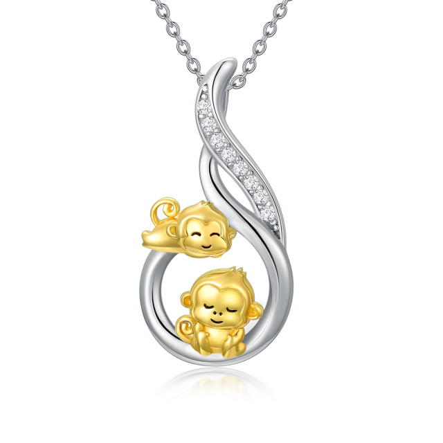 Sterling Silver Two-tone Round Cubic Zirconia Monkey Pendant Necklace-1