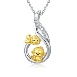 Sterling Silver Two-tone Round Cubic Zirconia Monkey Pendant Necklace-30