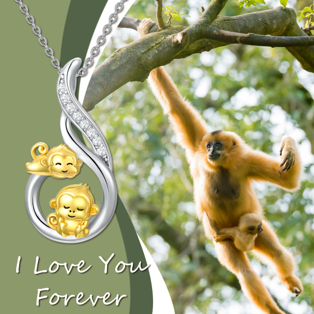 Sterling Silver Two-tone Round Cubic Zirconia Monkey Pendant Necklace-5