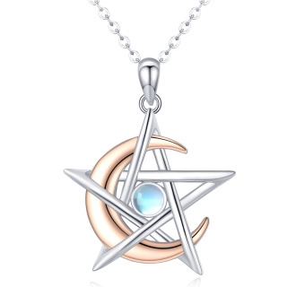 Sterling Silver Two-tone Round Moonstone Moon & Pentagram Pendant Necklace-4