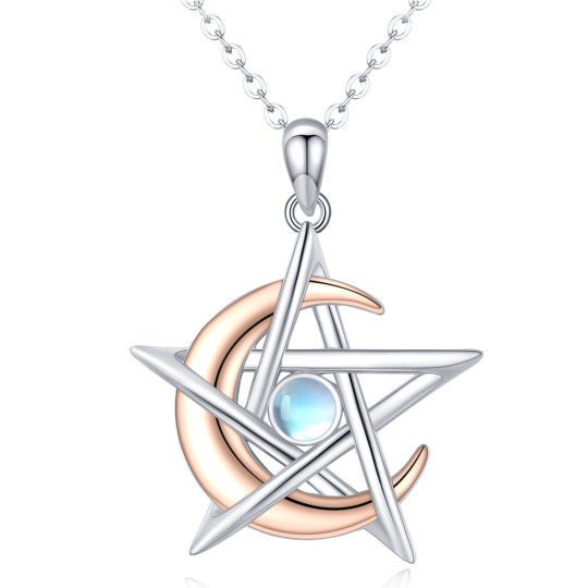 Sterling Silver Two-tone Round Moonstone Moon & Pentagram Pendant Necklace