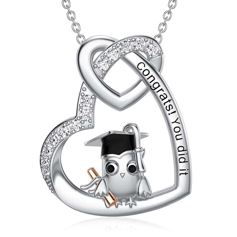 Sterling Silver Two-tone Round Owl Pendant Necklace-38