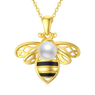 Sterling Silver Two-tone Round Pearl Bees Pendant Necklace-21