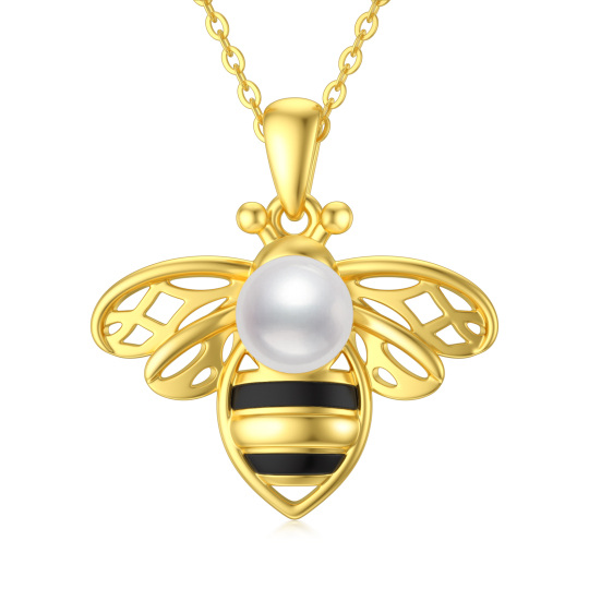 Sterling Silver Two-tone Round Pearl Bees Pendant Necklace