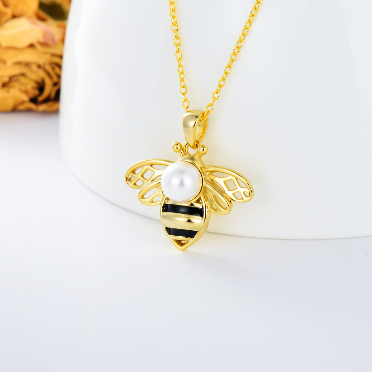 Sterling Silver Two-tone Round Pearl Bees Pendant Necklace-4