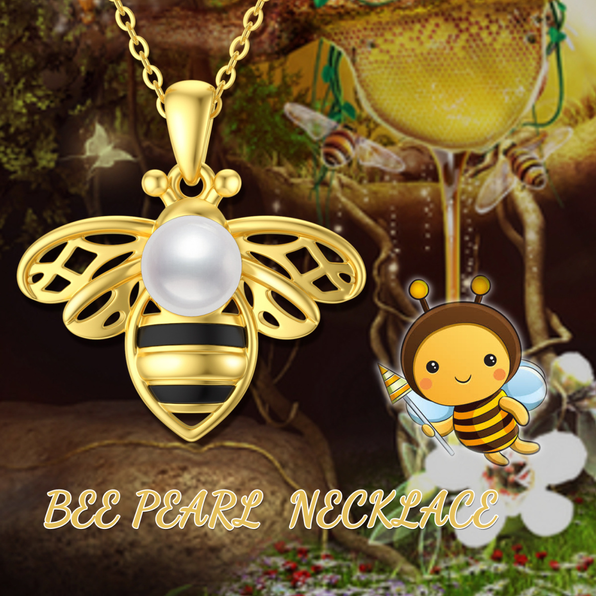 Sterling Silver Two-tone Round Pearl Bees Pendant Necklace-6