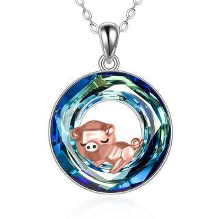 Sterling Silver Two-tone Round Pig Crystal Pendant Necklace-5