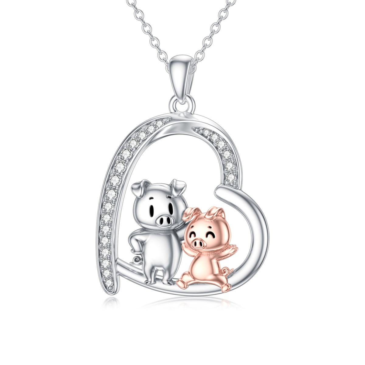 Sterling Silver Two-tone Round Cubic Zirconia Pig & Heart Pendant Necklace-1