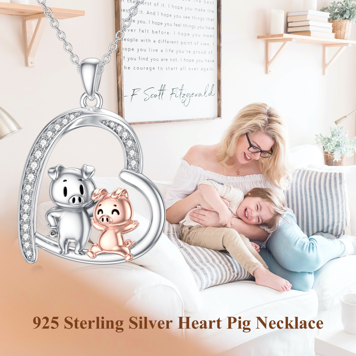 Sterling Silver Two-tone Round Cubic Zirconia Pig & Heart Pendant Necklace-3