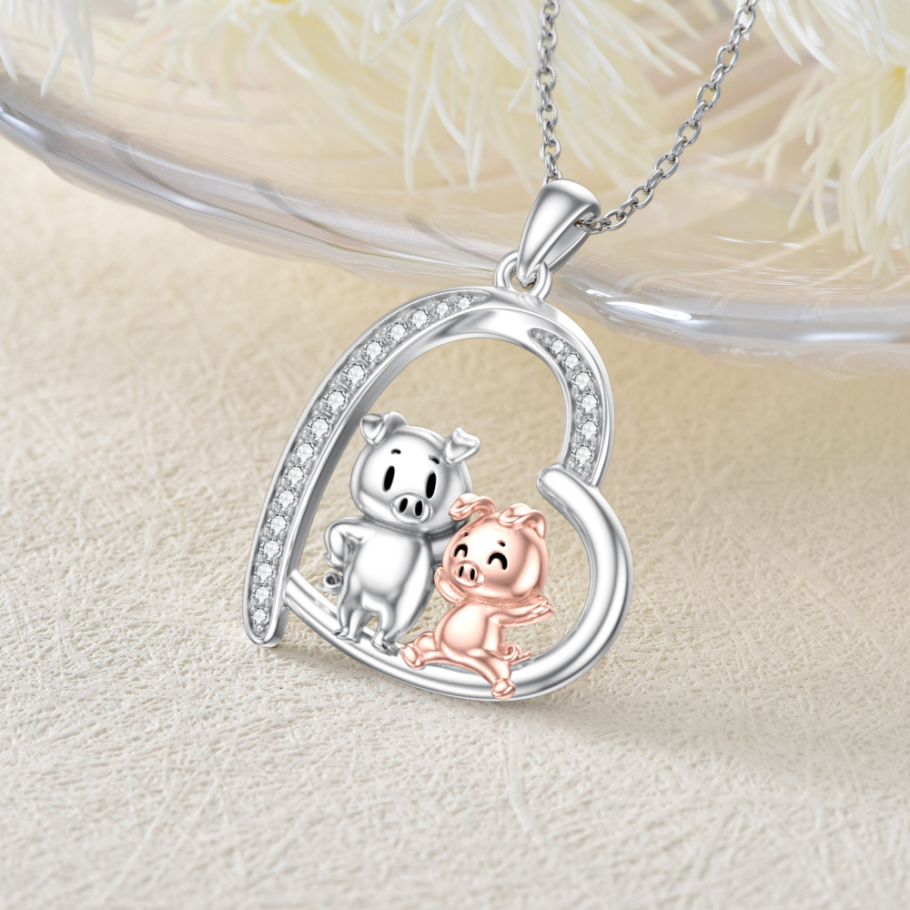 Sterling Silver Two-tone Round Cubic Zirconia Pig & Heart Pendant Necklace-4
