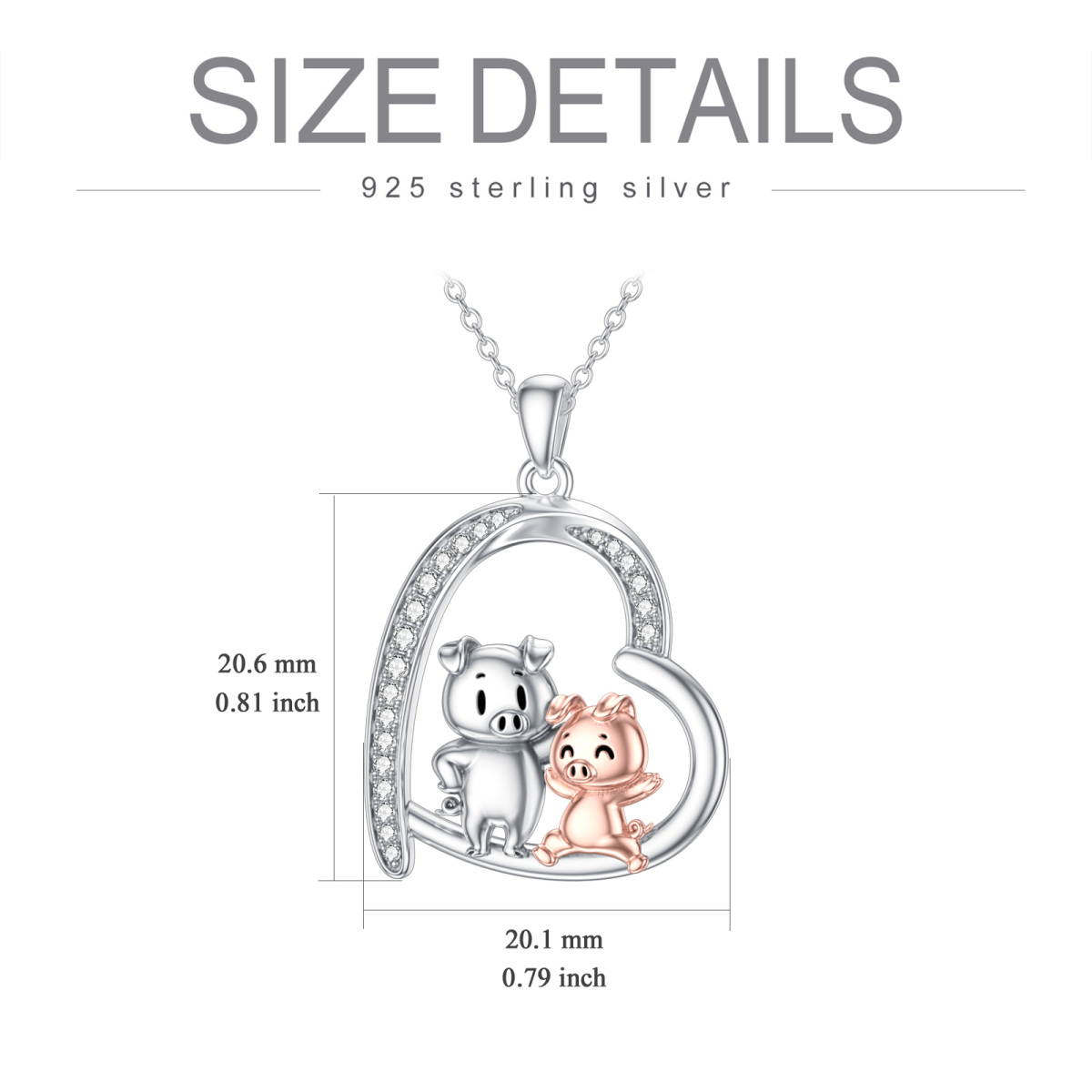 Sterling Silver Two-tone Round Cubic Zirconia Pig & Heart Pendant Necklace-6