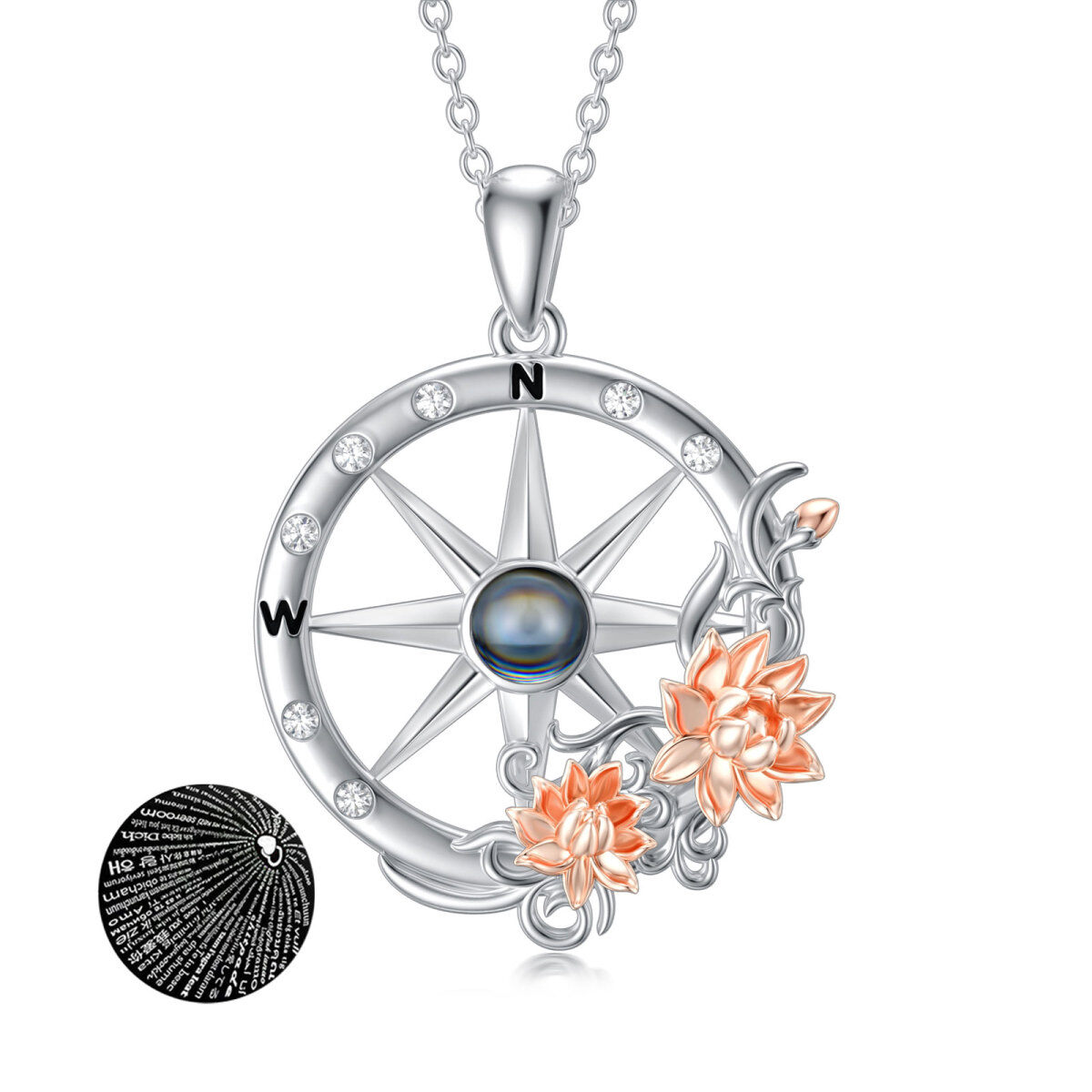 Sterling Silver Two-Tone Round Cubic Zirconia Projection Stone Lotus With Compass Pendant Necklace For Women-1