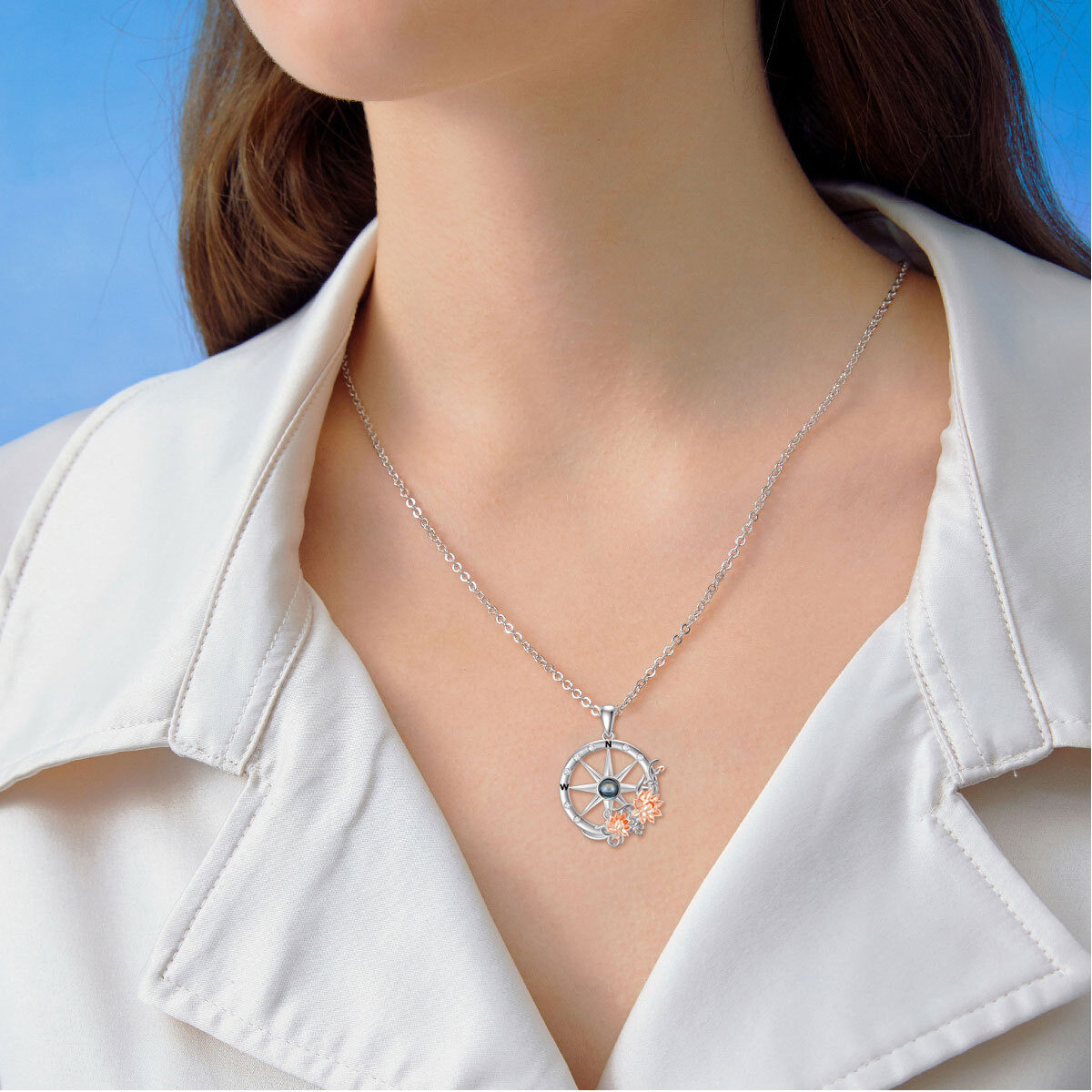 Sterling Silver Two-Tone Round Cubic Zirconia Projection Stone Lotus With Compass Pendant Necklace For Women-2